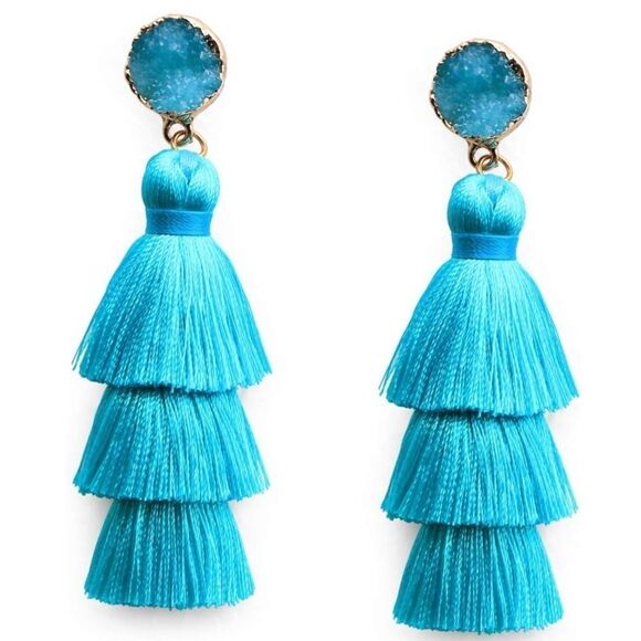 14K Yellow Gold with Sky Blue Silk Thread Tassel and Quartz Druzy Post Earrings - Picture 1 of 8